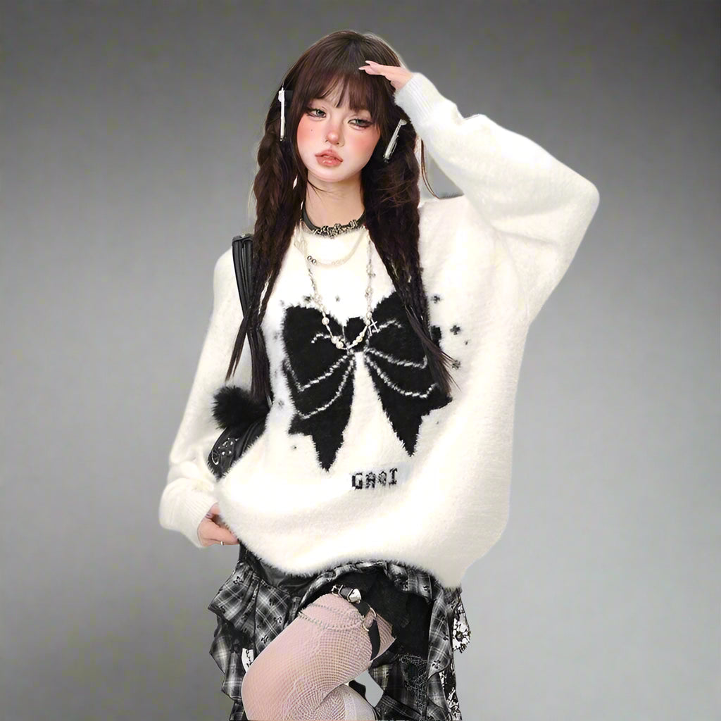 Harajuku Kawaii Knit Sweater - Y2K Loose Print Pullover for Women Jewel Neck Pullover Harajuku Kawaii Knit Sweater - Y2K Loose Print Pullover for Women Jewel Neck Pullover