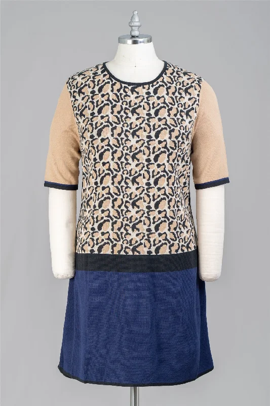 Joan Vass JC294 Leopard Colorblock Sweater Knit Dress Wool Sweater Cotton Sweater Cashmere Sweater