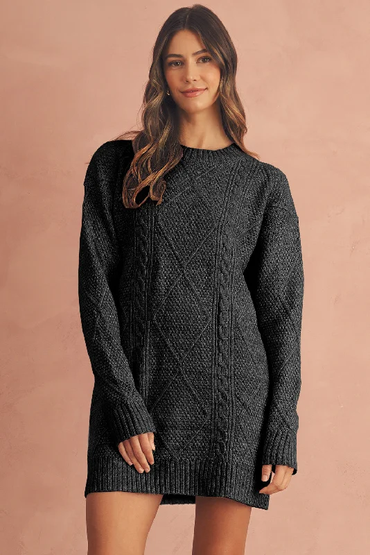 Black Twist Cable Knit Drop Shoulder Loose Fit Sweater Dress Polka Dot Checkered Tartan