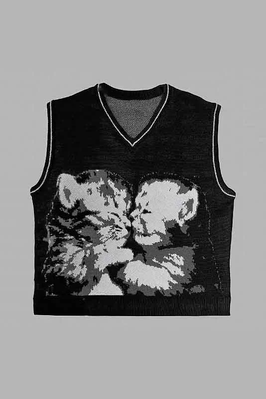 Women's Kawaii Cat Sweater Vest - Y2K Chic Knitted Pullover Keyhole Neck Pullover