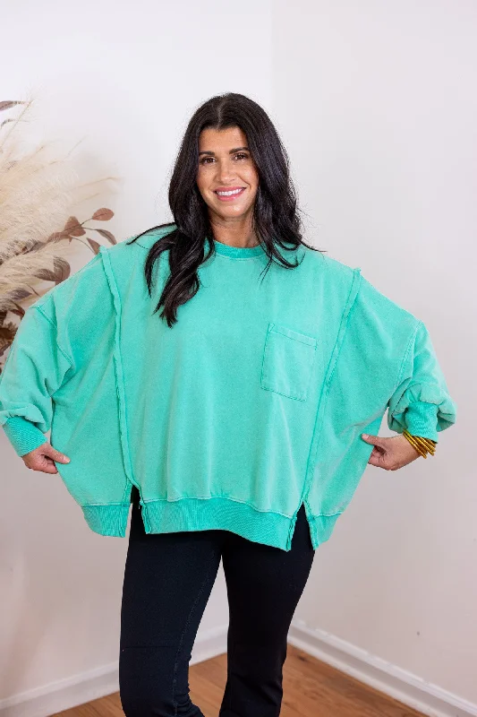Trending On Washed Green Pullover Ribbed Crew Neck