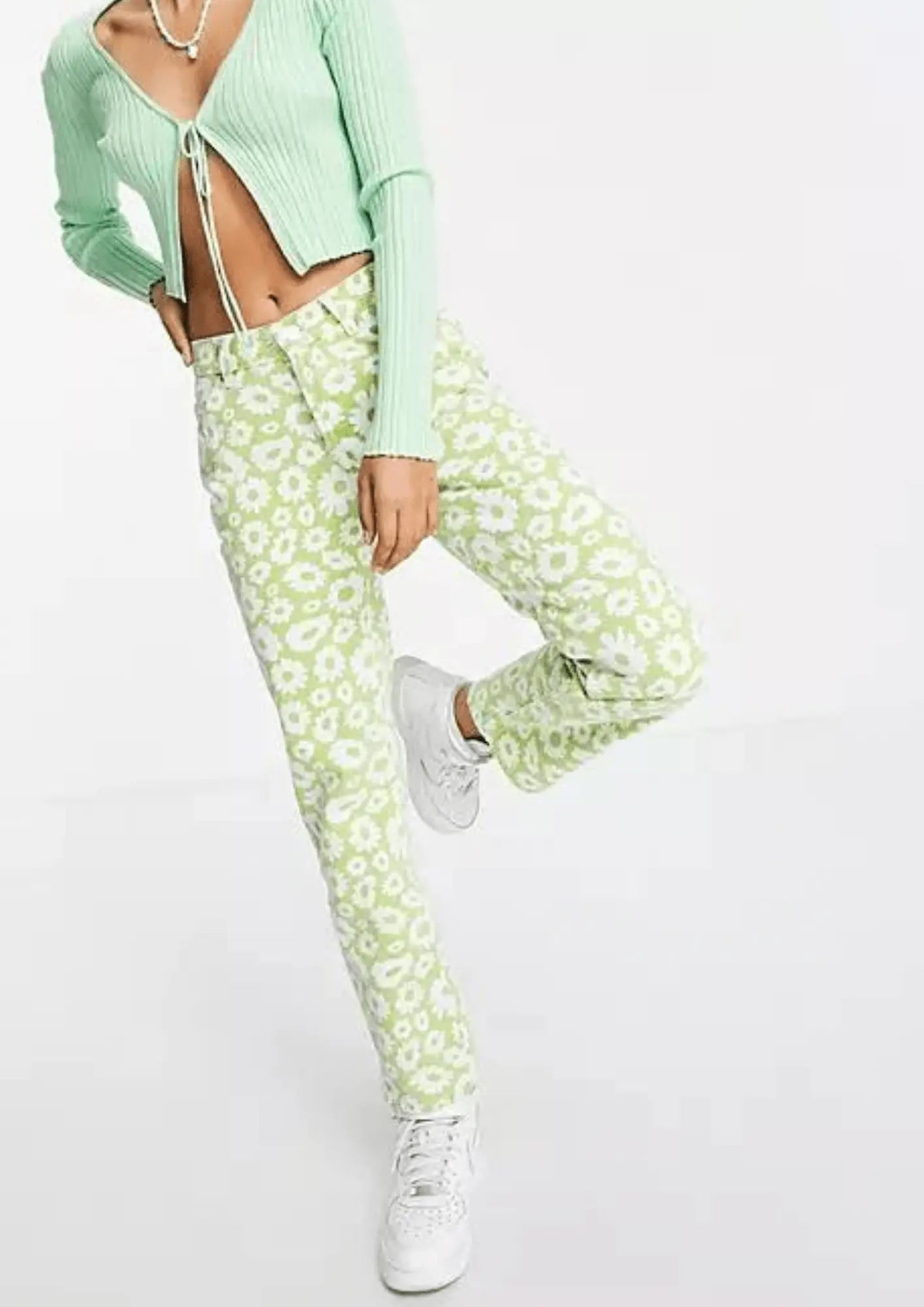 GREEN FLORAL DENIM TROUSERS Trousers Sale Discount