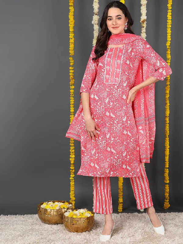 Pink Cotton Blend Floral Printed Straight Kurta Trouser With Dupatta Trousers Harem Relaxed Fit Pink Cotton Blend Floral Printed Straight Kurta Trouser With Dupatta Trousers Harem Relaxed Fit