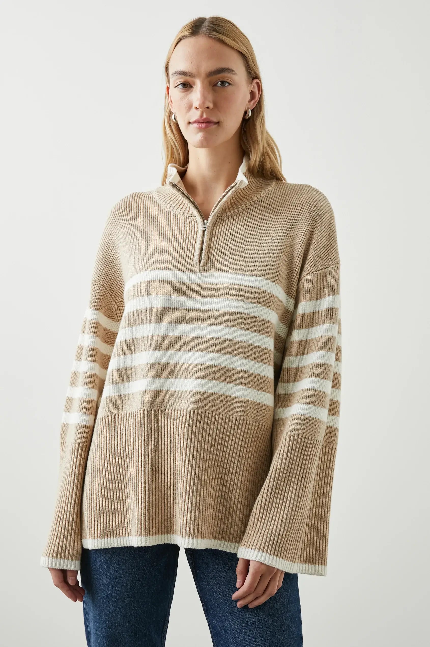 Rails - Tessa Sweater in Sand Stripe Elasticated Padded Insulated
