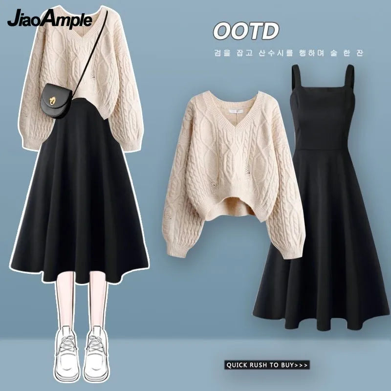 Yipinpay Women's Autumn Winter Suit 2024 New Loose Hole Sweater Dress Two Piece Korean Elegant V-Neck Knit Pullover Strap Skirt Set Leg Sleeve Comfort