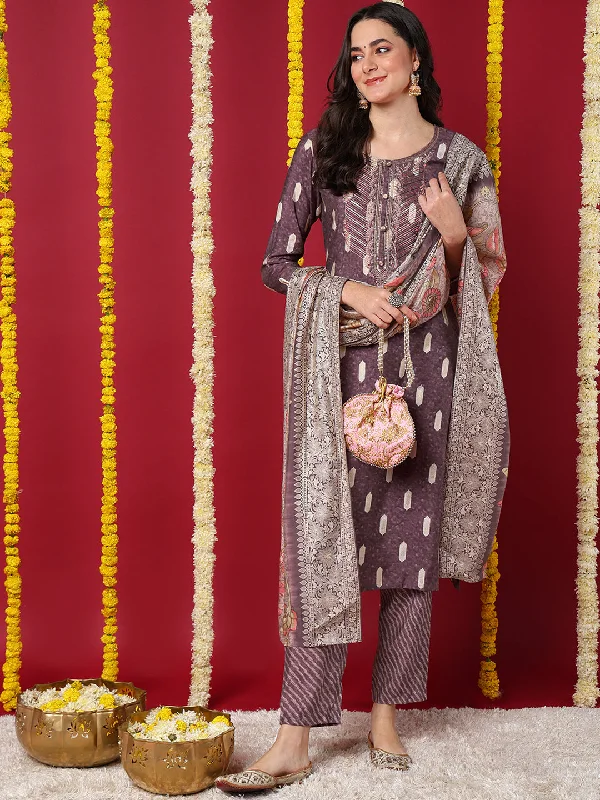 Mauve Silk Blend Ethnic Motifs Embroidered Straight Kurta Trouser With Dupatta Trousers Bootcut Casual