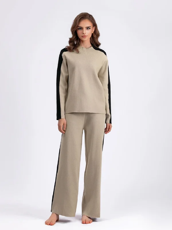 Contrast Sweater and Knit Pants Set Satin Fabric Silk Fabric Chiffon Fabric