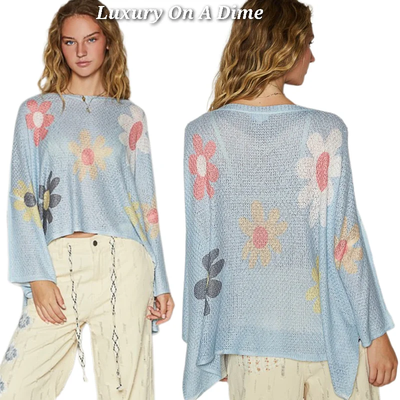 POL Daisy Colorful Retro Contrast Flower Top Oversized Shirt Pullover Knit Sweater Scalloped Neck Pullover POL Daisy Colorful Retro Contrast Flower Top Oversized Shirt Pullover Knit Sweater Scalloped Neck Pullover