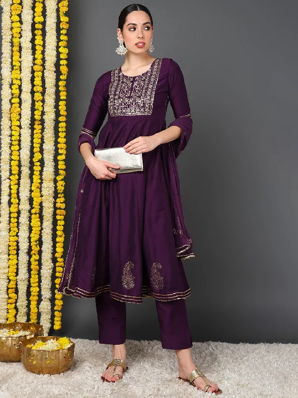 Purple Silk Blend Woven Design Embroidered Flared Kurta Trouser With Dupatta Trousers practical easy-care Purple Silk Blend Woven Design Embroidered Flared Kurta Trouser With Dupatta Trousers practical easy-care
