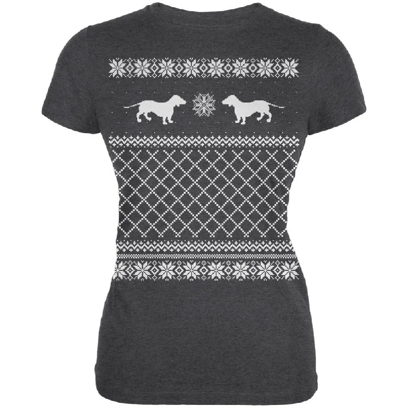 Dachshund Ugly Christmas Sweater Green Juniors Soft T-Shirt Seamless Knitted Crochet