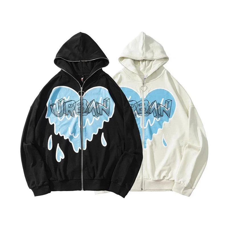 Heart-Shaped Fleece Hoodie Corduroy Zipper Hoodie - Unisex Pullover in Black & White Surplice Neck Pullover