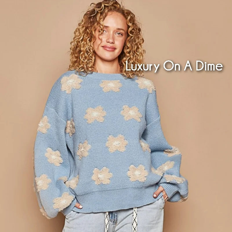 POL Fuzzy French Terry Daisy Knit Long Sleeve Shirt Oversized Pullover Retro Top Fleece Warm Pullover POL Fuzzy French Terry Daisy Knit Long Sleeve Shirt Oversized Pullover Retro Top Fleece Warm Pullover