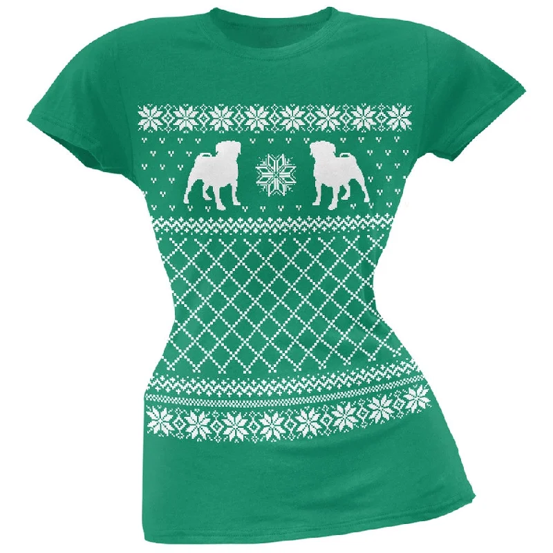 Pug Ugly Christmas Sweater Green Soft Juniors T-Shirt Stretchy Elastic Breathable
