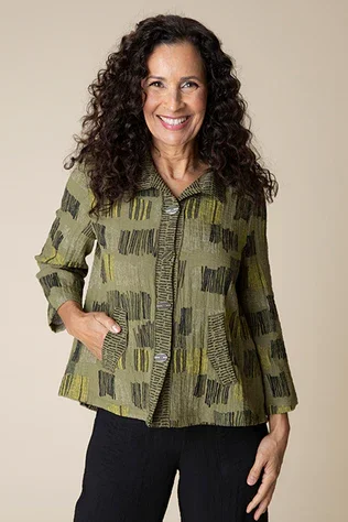 Express Travel Fine Lines Pleat Back Jacket [Olive-35049] Snapped Jacket Toggled Jacket Drawstring Jacket