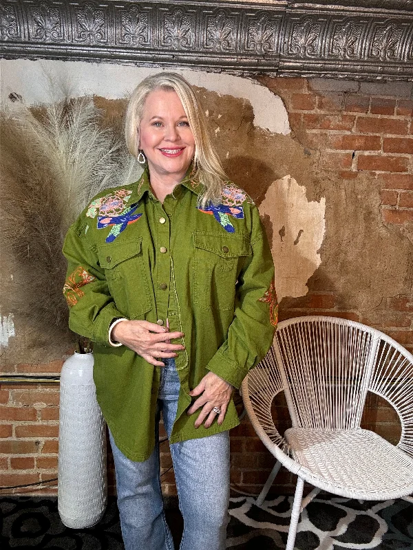 Green Denim Embroidered Jacket Appliqued Jacket Beaded Jacket Sequined Jacket