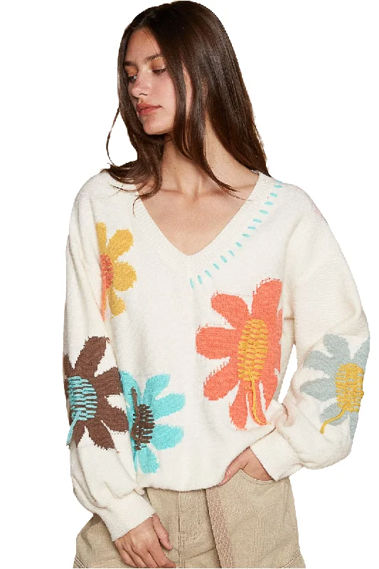 POL Daisy Fringe Retro Contrast Flower Top Embroidered Pullover Floral Knit Sweater Oversized Cozy Pullover POL Daisy Fringe Retro Contrast Flower Top Embroidered Pullover Floral Knit Sweater Oversized Cozy Pullover
