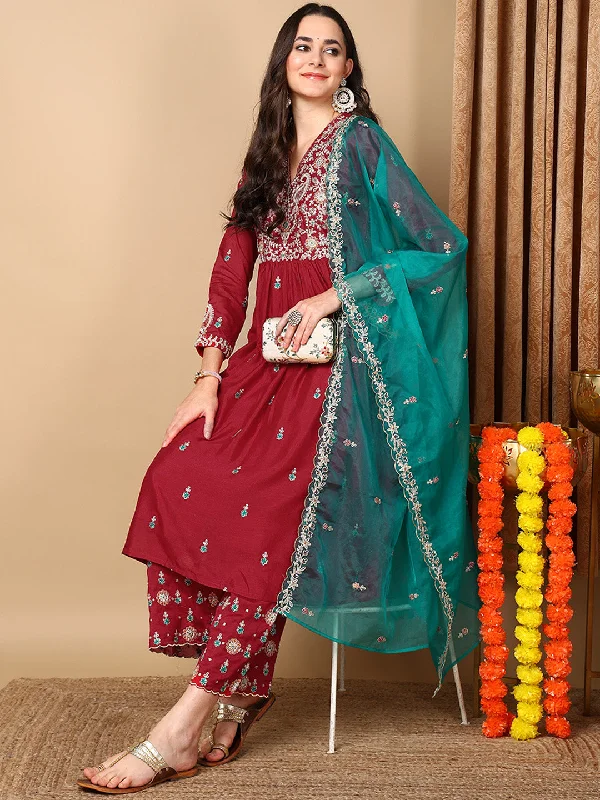 Red Silk Blend Solid Yoke Design Flared Kurta Trouser With Dupatta Trousers Travel Practical Red Silk Blend Solid Yoke Design Flared Kurta Trouser With Dupatta Trousers Travel Practical