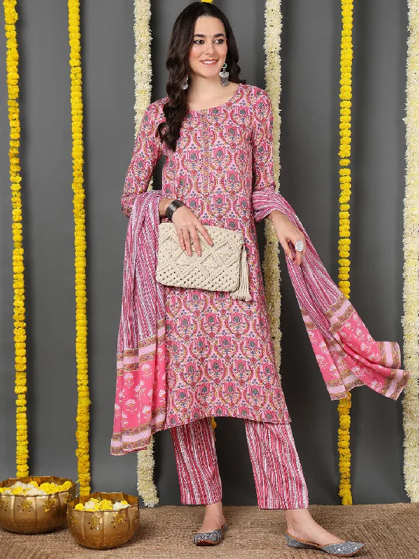 Pink Cotton Blend Ethnic Motifs Printed Straight Kurta Trouser With Dupatta Trousers Leisure Comfortable Pink Cotton Blend Ethnic Motifs Printed Straight Kurta Trouser With Dupatta Trousers Leisure Comfortable