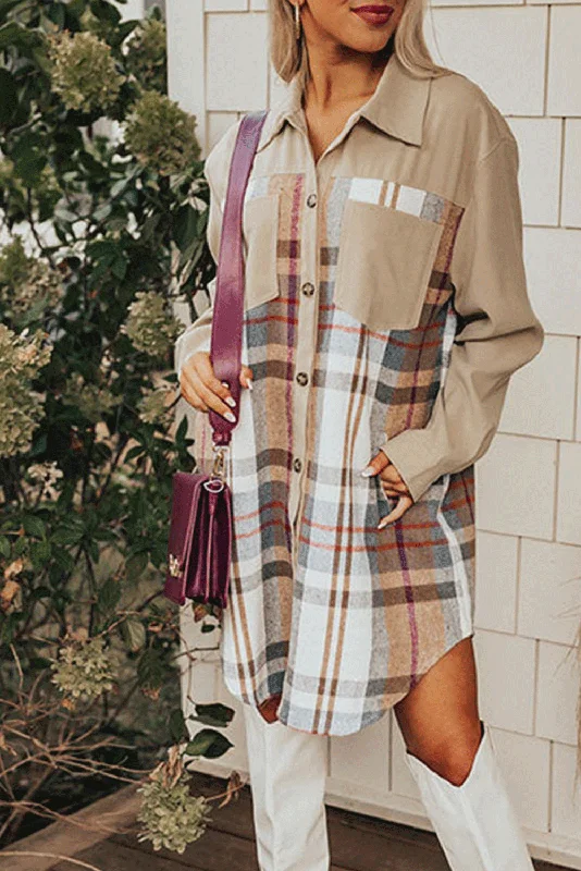 Khaki Plaid Patchwork Long Sleeve Jacket Faux Fur Jacket Real Fur Jacket Shearling Jacket