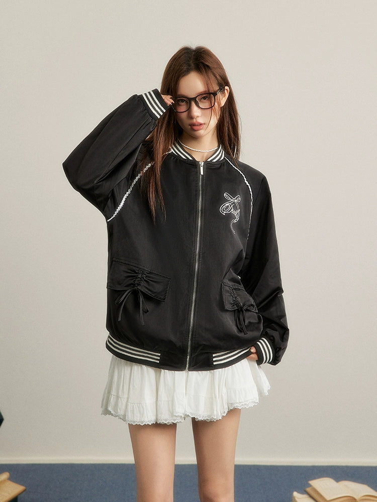 American-style Black Baseball Jacket Zip Front Button Front Snap Front