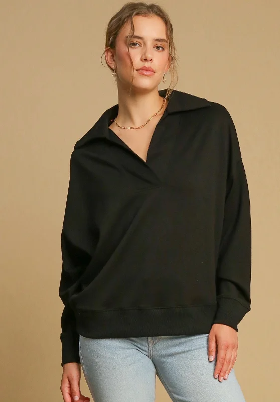 Casual Promises Black Scuba Pullover Notched Neck Pullover