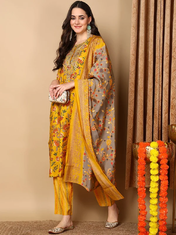 Yellow Silk Blend Floral Printed Straight Kurta Trouser With Dupatta Trousers Office Stylish Yellow Silk Blend Floral Printed Straight Kurta Trouser With Dupatta Trousers Office Stylish