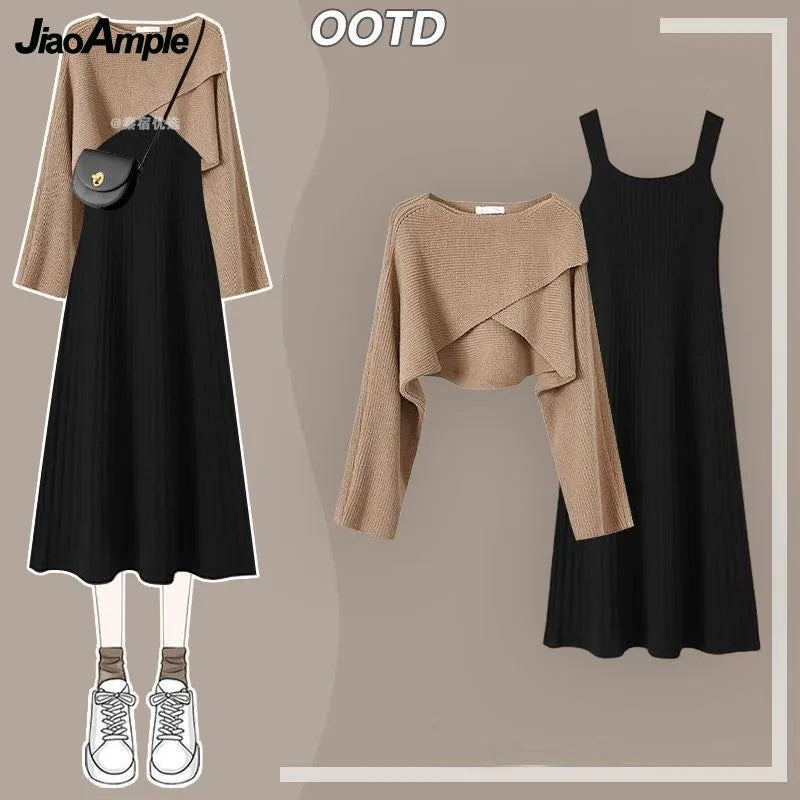 Yipinpay Women's Autumn Winter New Knitted Sweater Dress Matching Set Korean Elegant Short Pullover Strap Skirt Two Piece Female Clothing Long Bell Sleeve