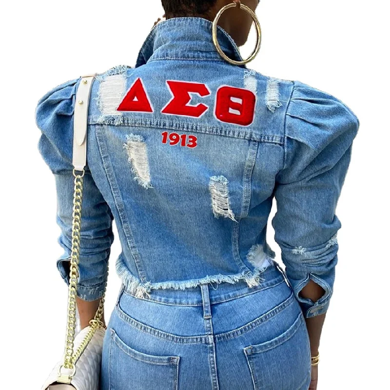 Drop Ship S- 5XL Large size Delta Theta short frayed puff sleeve Print Logo Delta 1913 Hole Denim Jacket DST Women Clothing Fitted Jacket Loose Jacket Oversized Jacket Drop Ship S- 5XL Large size Delta Theta short frayed puff sleeve Print Logo Delta 1913 Hole Denim Jacket DST Women Clothing Fitted Jacket Loose Jacket Oversized Jacket