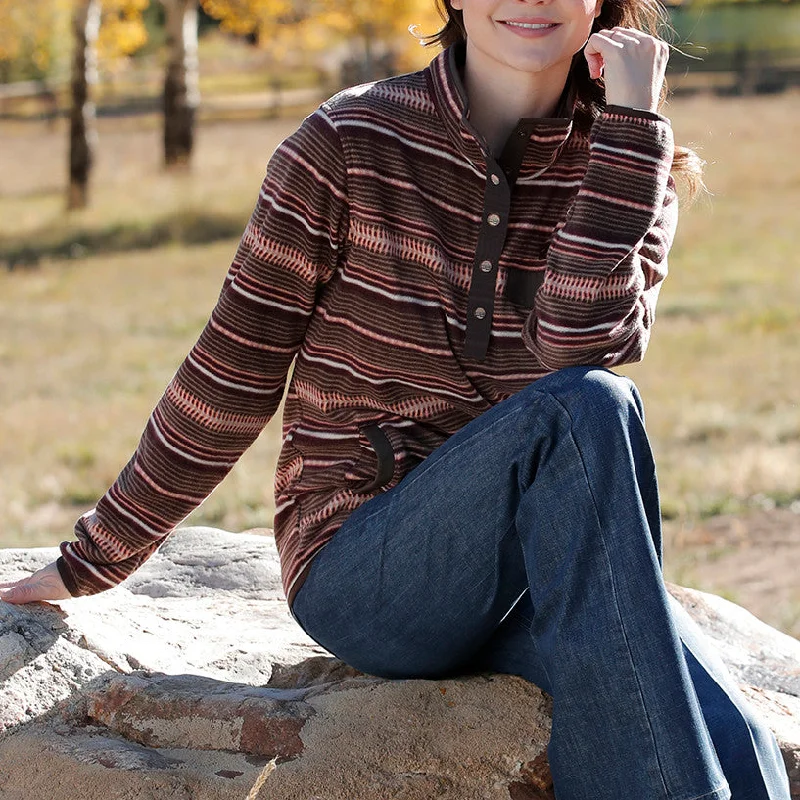 Women's Polar Fleece Pullover Jacket Brown Stripe Angora Wool Cozy