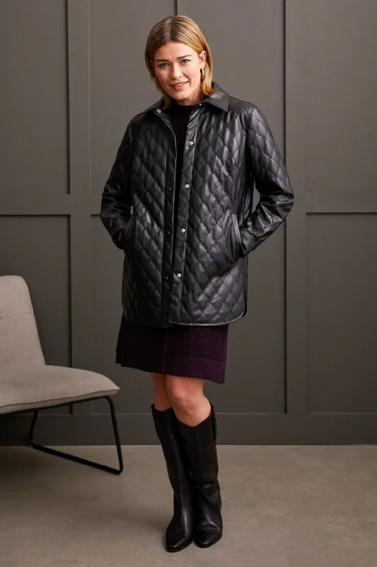 Quilted Snap Front Jacket [Black-5567O] Cotton Fabric Linen Fabric Terry Fabric