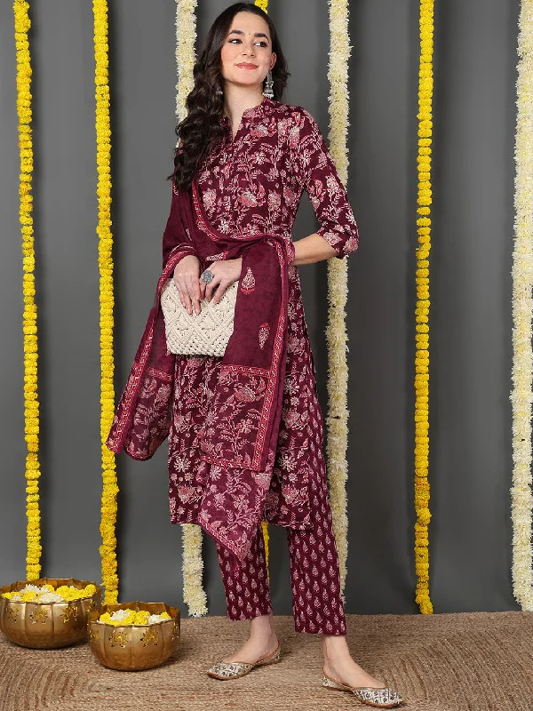 Maroon Cotton Blend Floral Printed Straight Kurta Trouser With Dupatta Trousers Yoga Stretchy Maroon Cotton Blend Floral Printed Straight Kurta Trouser With Dupatta Trousers Yoga Stretchy