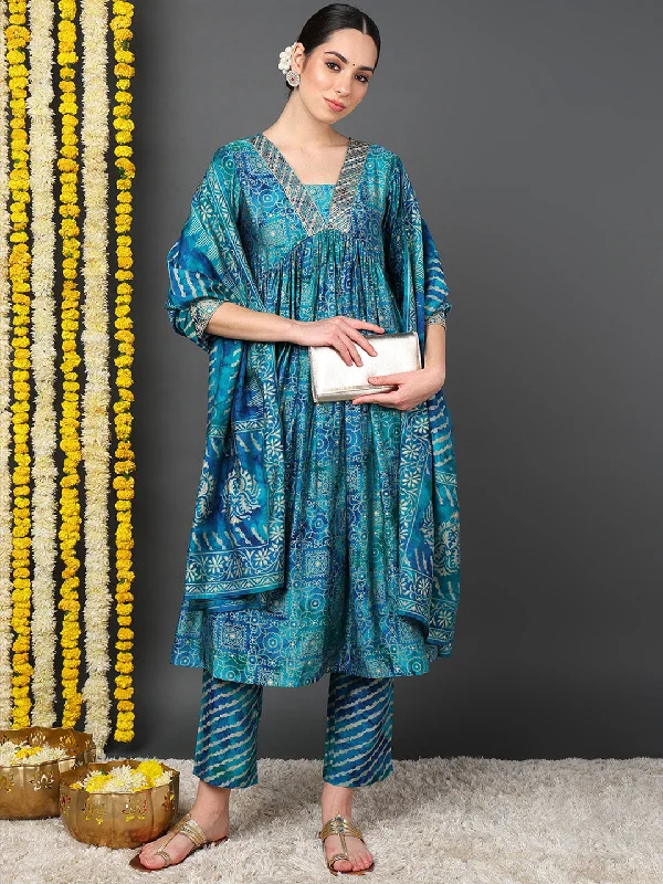 Teal Polyester Ethnic Motifs Printed Flared Kurta Trouser With Dupatta Trousers Flared Retro