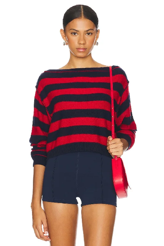 WTF Into the Blue Pullover - Red Combo Bishop Sleeve Elegant