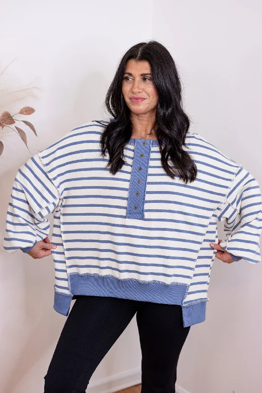 Modern Blue Striped Pullover One Shoulder Top