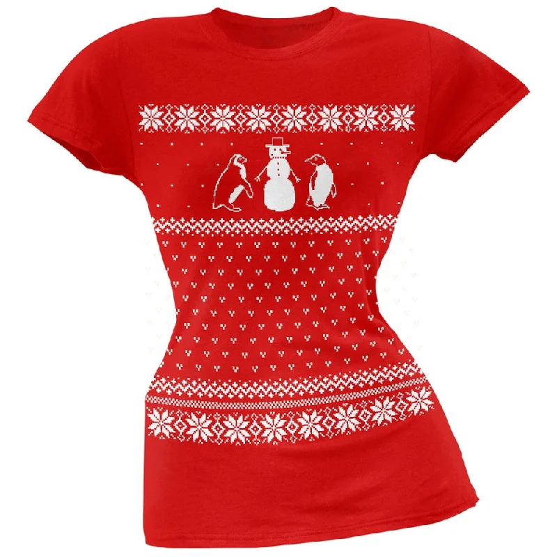Penguins Ugly Christmas Sweater Red Juniors T-Shirt Transparent Opaque Sheer