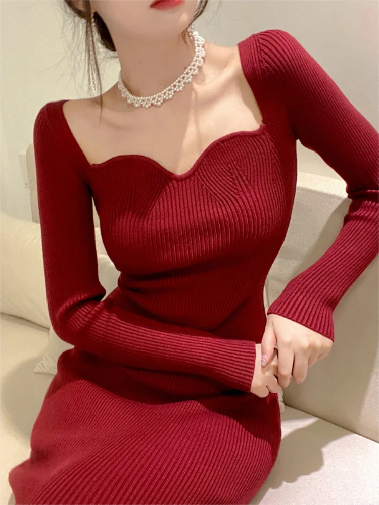 Bonnyshow Vintage Harajuku Slim Sweater Dress Women Autumn Winter Long Sleeve Bodycon Knitted Midi Dresses Party Evening Club Female Embroidered Appliqued Beaded