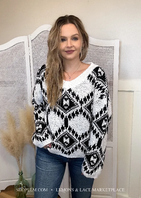 Staci Aztec Pattern Knit Sweater Terry Terry Cloth Terry Knit