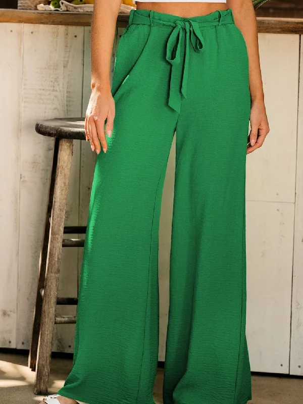 Vibrant Green Loop-Belted High-Waisted Wide Leg Trousers Trousers Bridal Satin