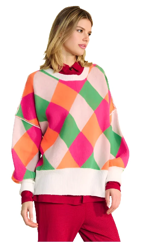DAVI & DANI Retro Neon Diamond Stripe Long Sleeve Oversized Pullover Sweater Top Textured Knit Design DAVI & DANI Retro Neon Diamond Stripe Long Sleeve Oversized Pullover Sweater Top Textured Knit Design