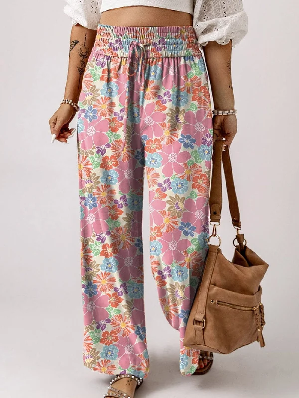 Pink Blossom Elastic Waist Relaxed Fit Trousers Trousers Handmade Artisanal