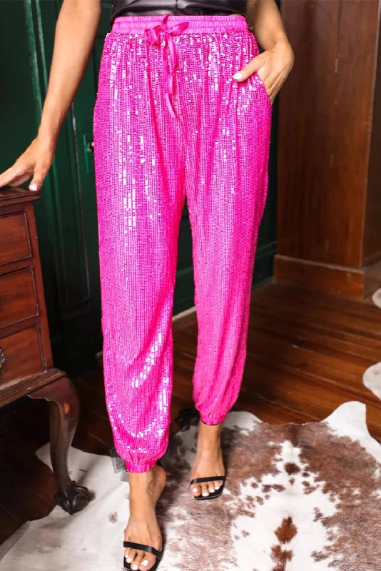 Rose Sequin Sparkle High Waist Jogger Trousers Trousers sophisticated sleek