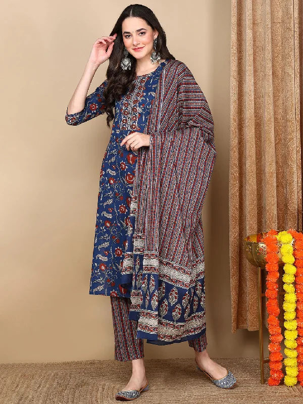 Blue Rayon Blend Floral Printed Kurta Trousers With Dupatta High Waist Slim Fit Ankle Length Blue Rayon Blend Floral Printed Kurta Trousers With Dupatta High Waist Slim Fit Ankle Length