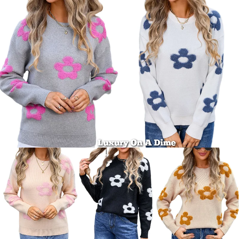 Daisy Raised Retro Contrasting Flower Pullover Top Long Sleeve Knit Sweater Shirt Cap Sleeve Casual Daisy Raised Retro Contrasting Flower Pullover Top Long Sleeve Knit Sweater Shirt Cap Sleeve Casual