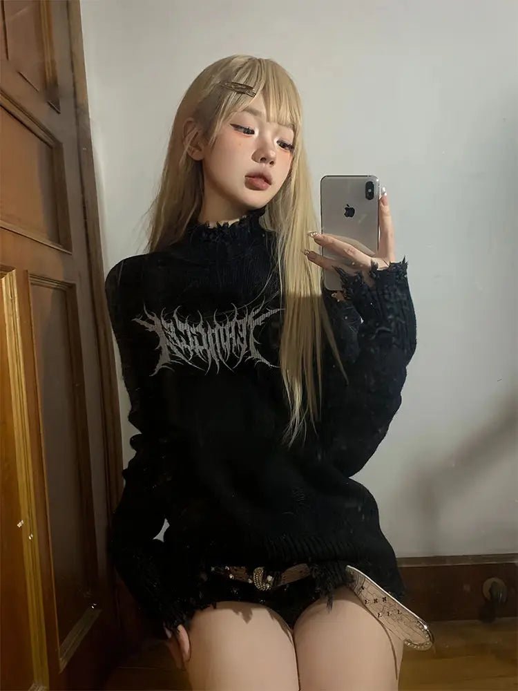 Y2k Punk Print Gothic Sweater - Black Harajuku Tassel Pullover Tapered Sleeve Pullover Y2k Punk Print Gothic Sweater - Black Harajuku Tassel Pullover Tapered Sleeve Pullover