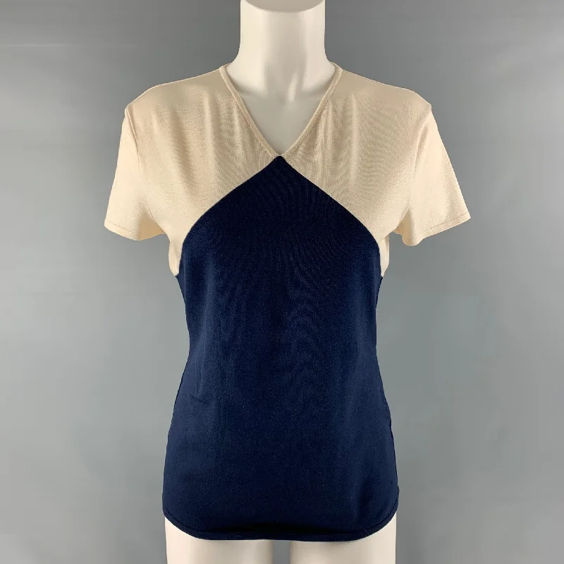 RALPH LAUREN Size M Cream and Navy Silk Blend Color Block Pullover Ruffle Neck Pullover RALPH LAUREN Size M Cream and Navy Silk Blend Color Block Pullover Ruffle Neck Pullover