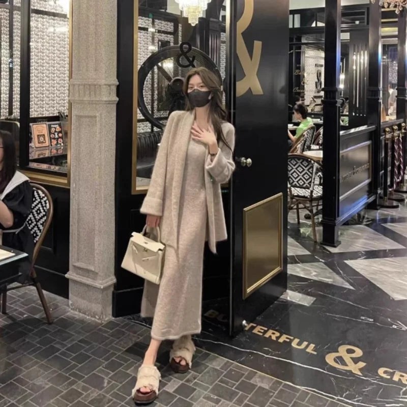 Bonnyshow  Korean Version of the Fashion Long-sleeved Loose Long Sweater Jacket Knitted Dress Women's Fall and Winter Casual Two-piece Set Sequined Glittery Shiny