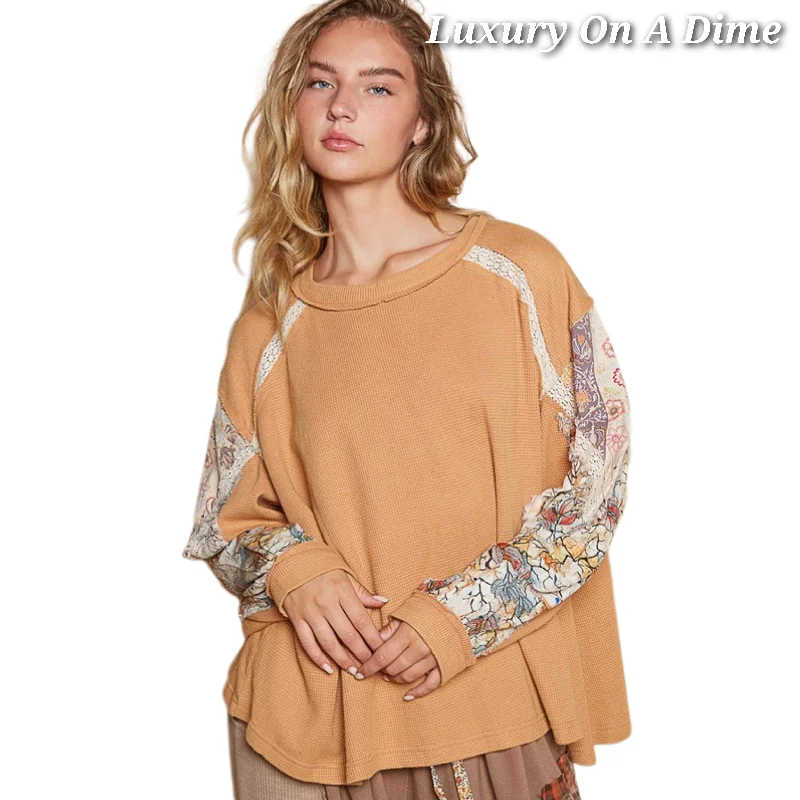 POL Waffle Knit Lace Patchwork Floral Pullover Top Oversized Bohemian Shirt Polo Neck Sweater POL Waffle Knit Lace Patchwork Floral Pullover Top Oversized Bohemian Shirt Polo Neck Sweater
