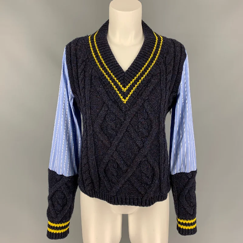 MAISON MARGIELA Size 4 Blue & Navy Cotton / Wool Knitted Pullover Boat Neck Sweater