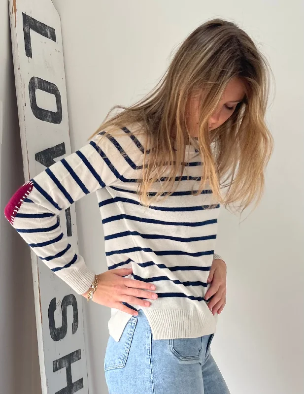 Cashmere Amour Stripe Heart Sweater Welt Pockets Slit Pockets Flap Pockets