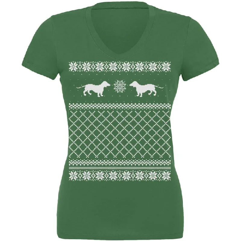 Dachshund Ugly Christmas Sweater Leaf Juniors V-Neck T-Shirt Oversized Loose Flowy